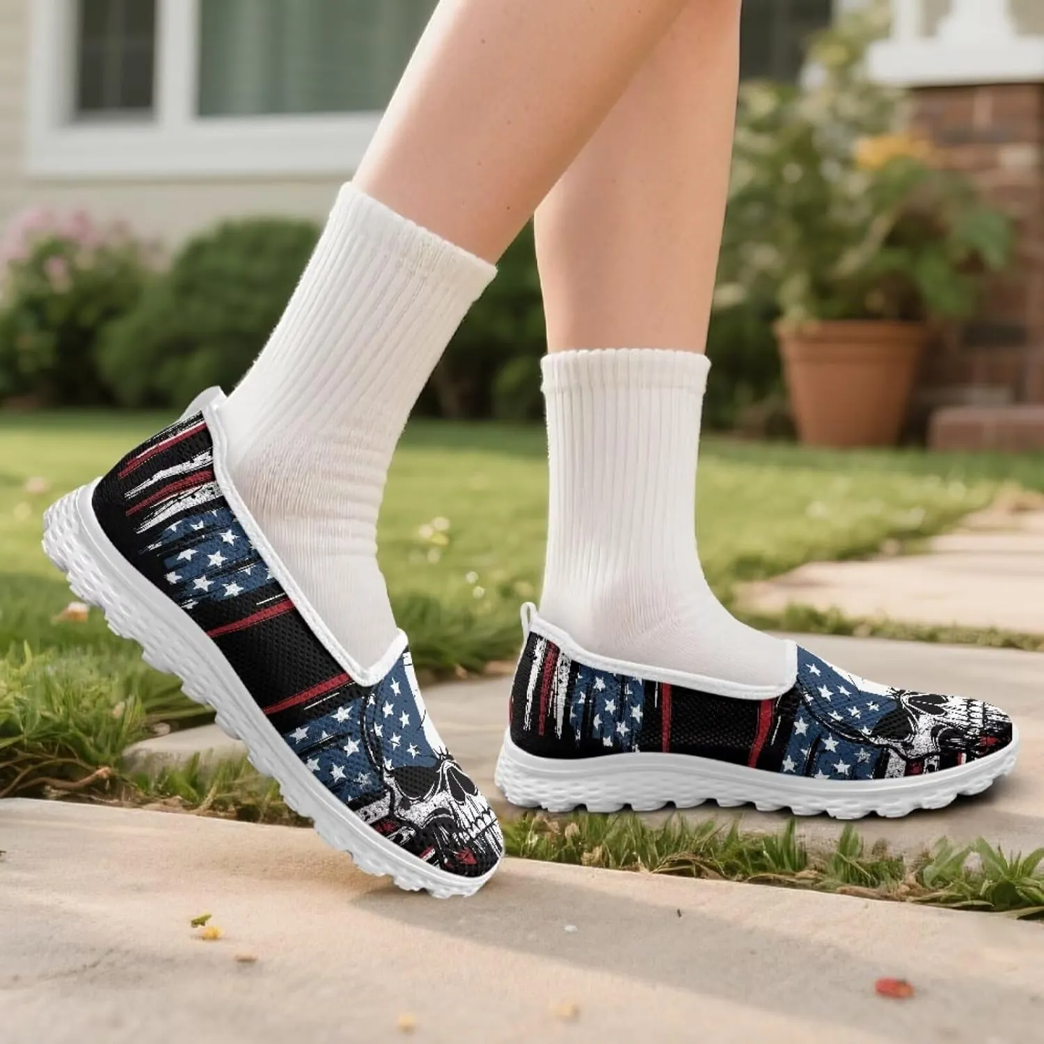 Novelty Skull Shoes for Women Slip On Lightweight Workout Shoes Comfortable Loafer Wide with Arch Support