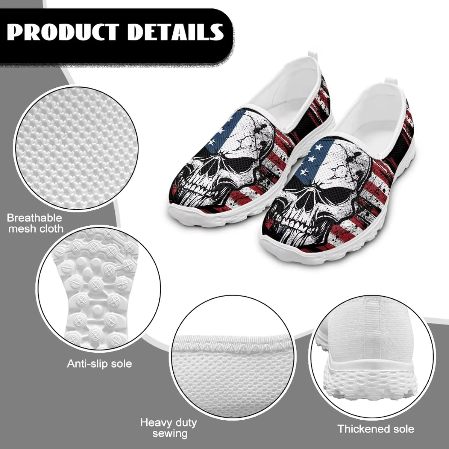 Novelty Skull Shoes for Women Slip On Lightweight Workout Shoes Comfortable Loafer Wide with Arch Support