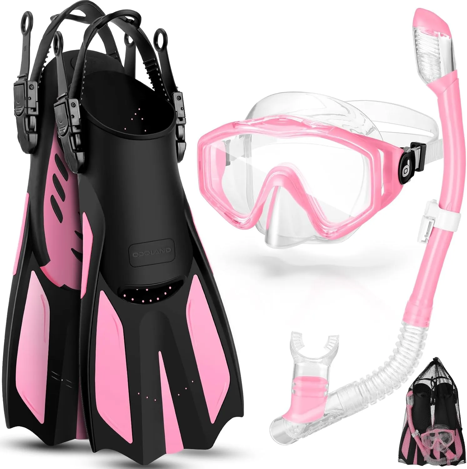 Odoland Snorkel Set, Adults Snorkeling Packages with Dry Top Diving Mask, Adjustable Swim Fins, Mesh Bag, Anti-Fog Anti-Leak Snorkeling Gear for Men Women
