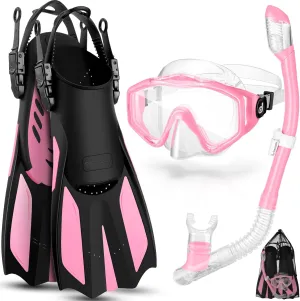 Odoland Snorkel Set, Adults Snorkeling Packages with Dry Top Diving Mask, Adjustable Swim Fins, Mesh Bag, Anti-Fog Anti-Leak Snorkeling Gear for Men Women