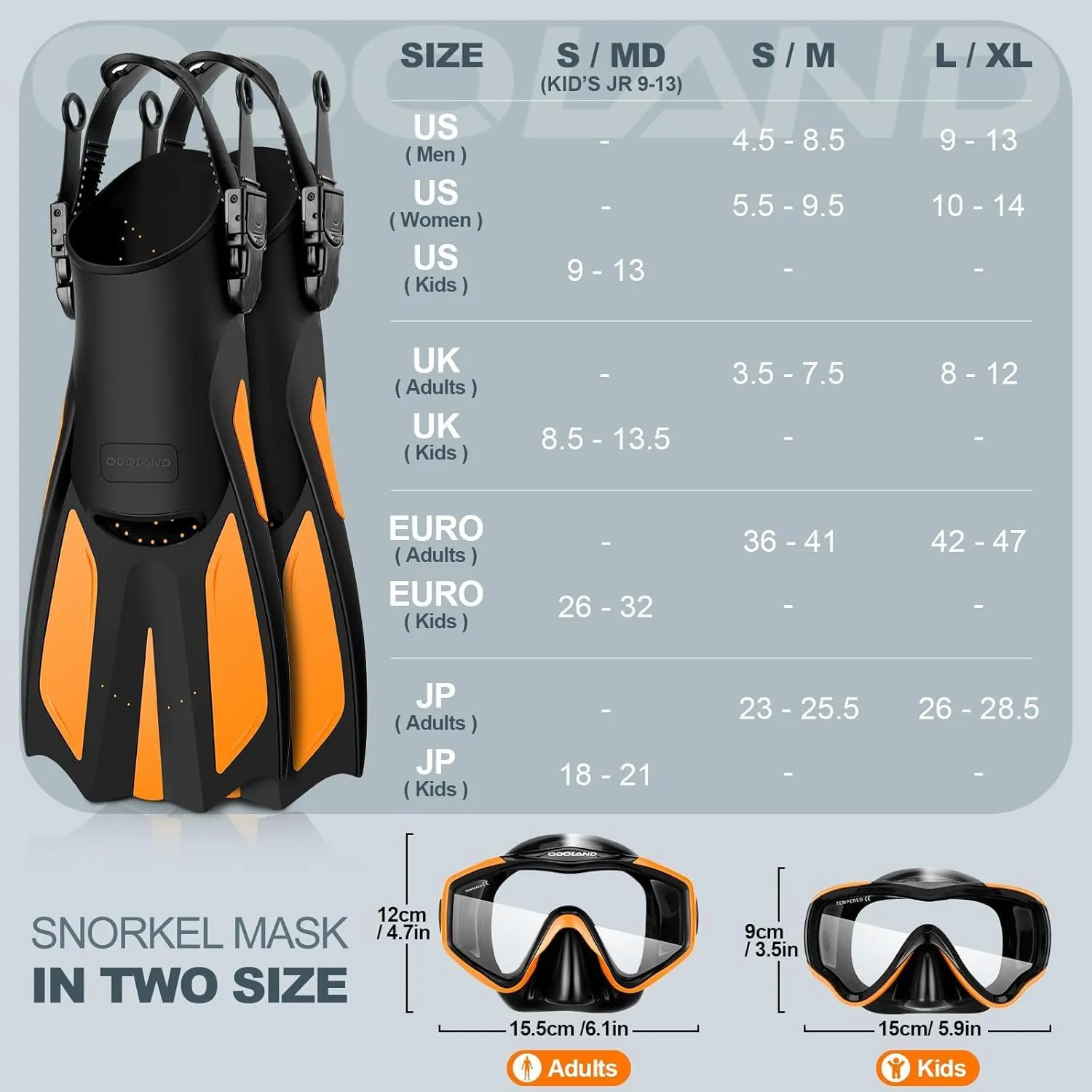 Odoland Snorkel Set, Adults Snorkeling Packages with Dry Top Diving Mask, Adjustable Swim Fins, Mesh Bag, Anti-Fog Anti-Leak Snorkeling Gear for Men Women