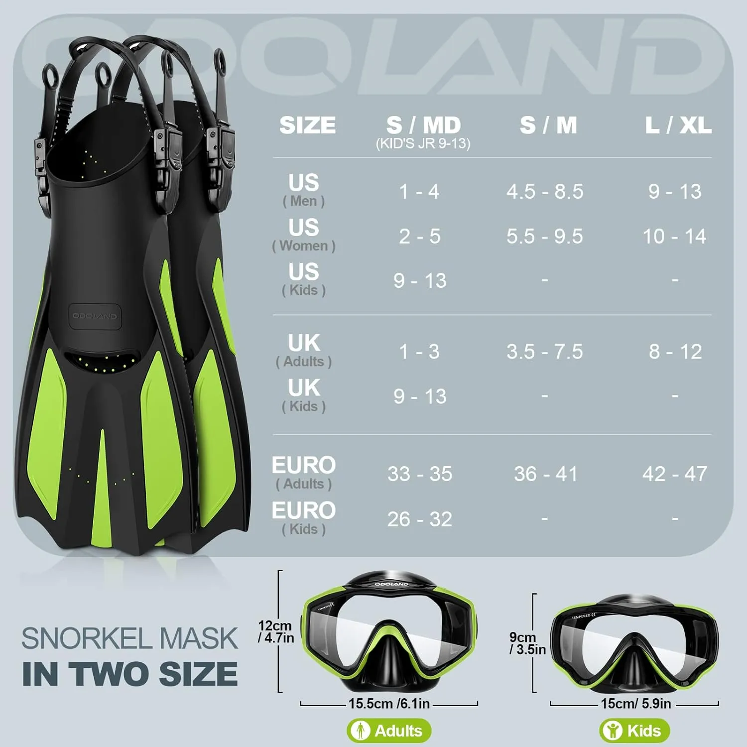 Odoland Snorkel Set, Adults Snorkeling Packages with Dry Top Diving Mask, Adjustable Swim Fins, Mesh Bag, Anti-Fog Anti-Leak Snorkeling Gear for Men Women