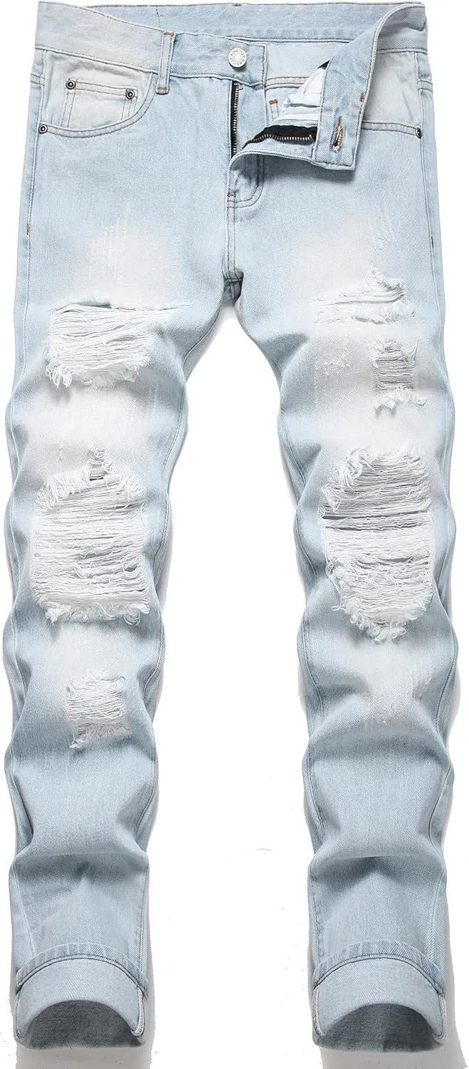 OIIIO Men's Ripped Slim Fit Straight Leg Jean Denim Pant