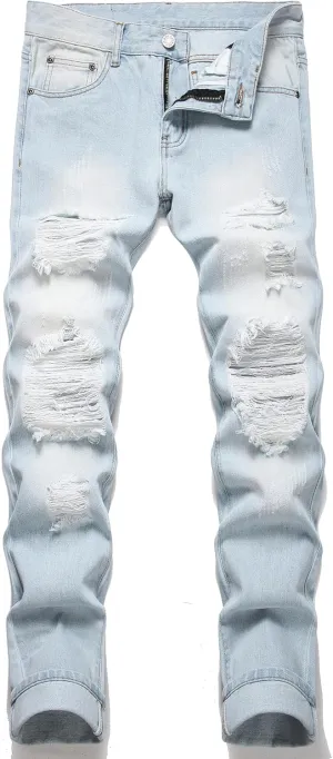 OIIIO Men's Ripped Slim Fit Straight Leg Jean Denim Pant