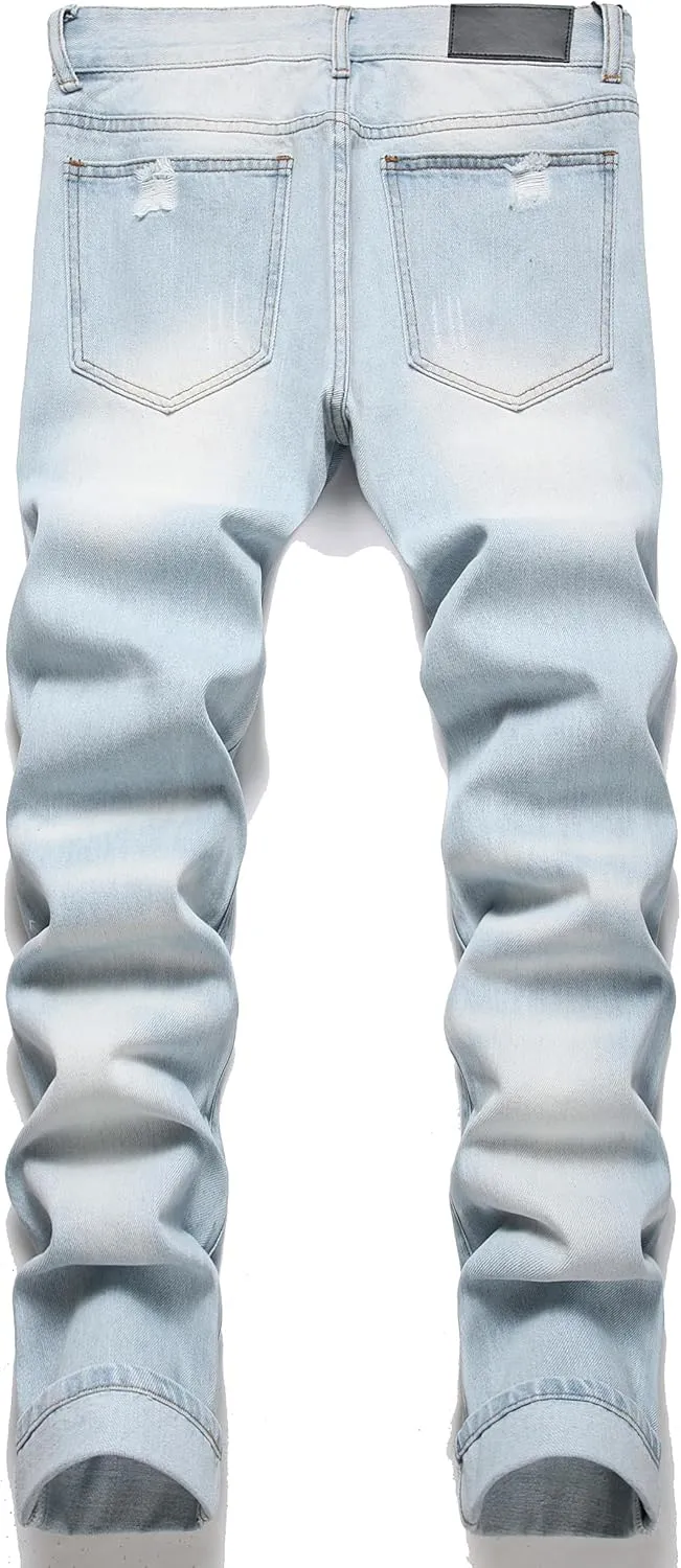 OIIIO Men's Ripped Slim Fit Straight Leg Jean Denim Pant