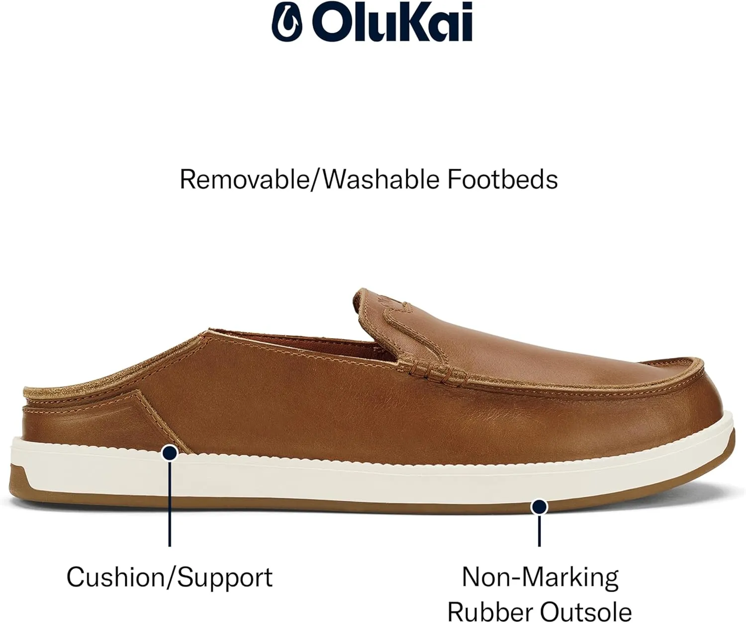 OLUKAI Kakaha Nia Men's Leather Sneakers, Supple Full-Grain Leather Shoes, Drop-in Heel & All Weather Rubber Soles