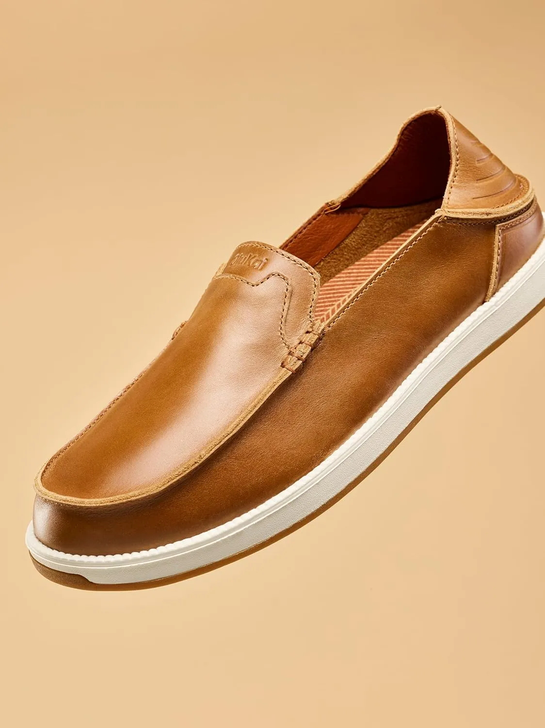 OLUKAI Kakaha Nia Men's Leather Sneakers, Supple Full-Grain Leather Shoes, Drop-in Heel & All Weather Rubber Soles