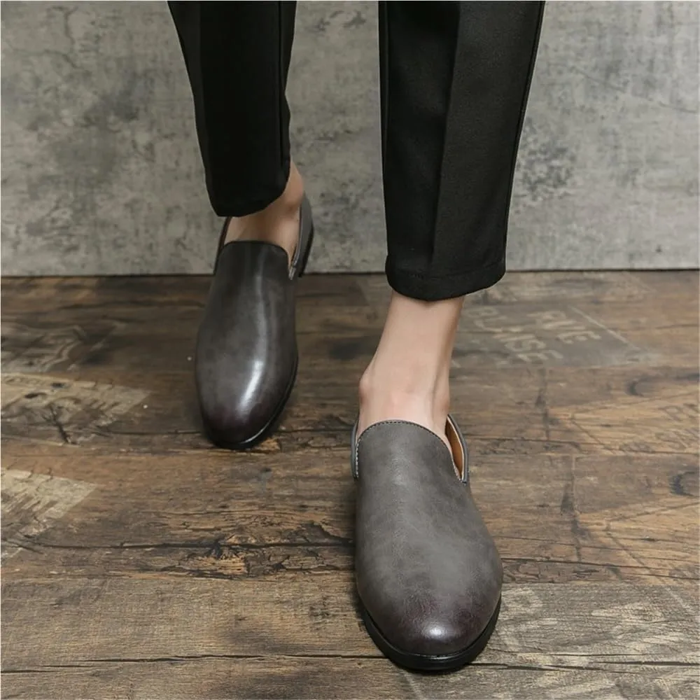 Oxford Formal Shoes for Men Slip On Pointed Burnished Toe Vegan Leather Block Heel Non Slip Low Top Working