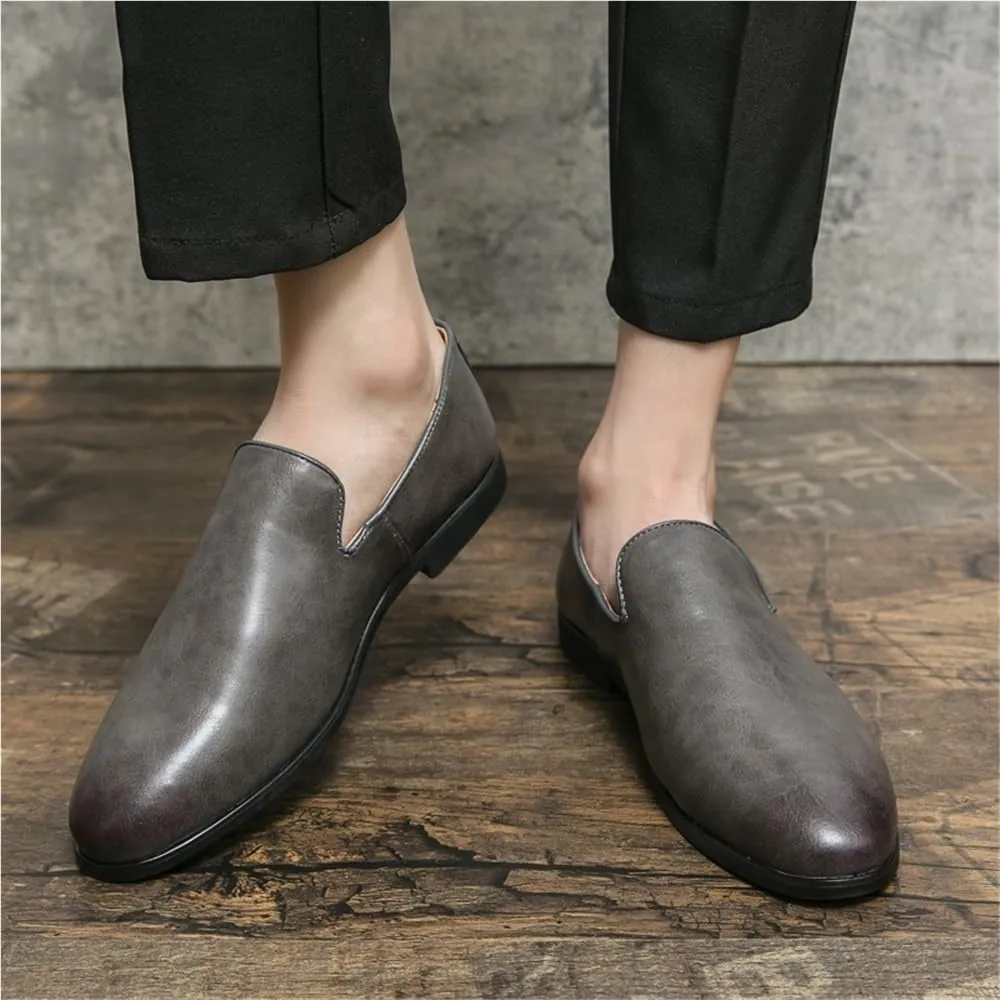 Oxford Formal Shoes for Men Slip On Pointed Burnished Toe Vegan Leather Block Heel Non Slip Low Top Working