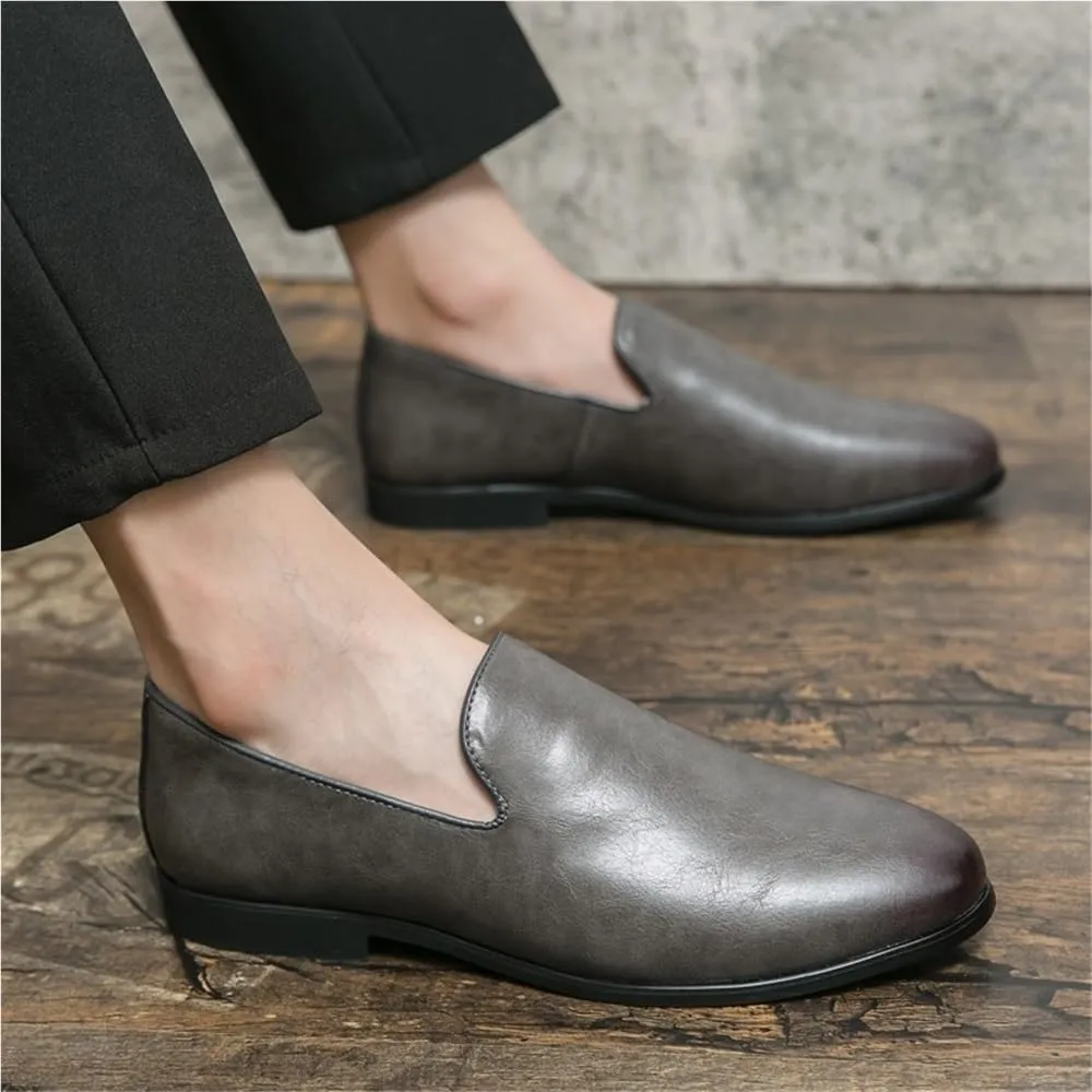 Oxford Formal Shoes for Men Slip On Pointed Burnished Toe Vegan Leather Block Heel Non Slip Low Top Working
