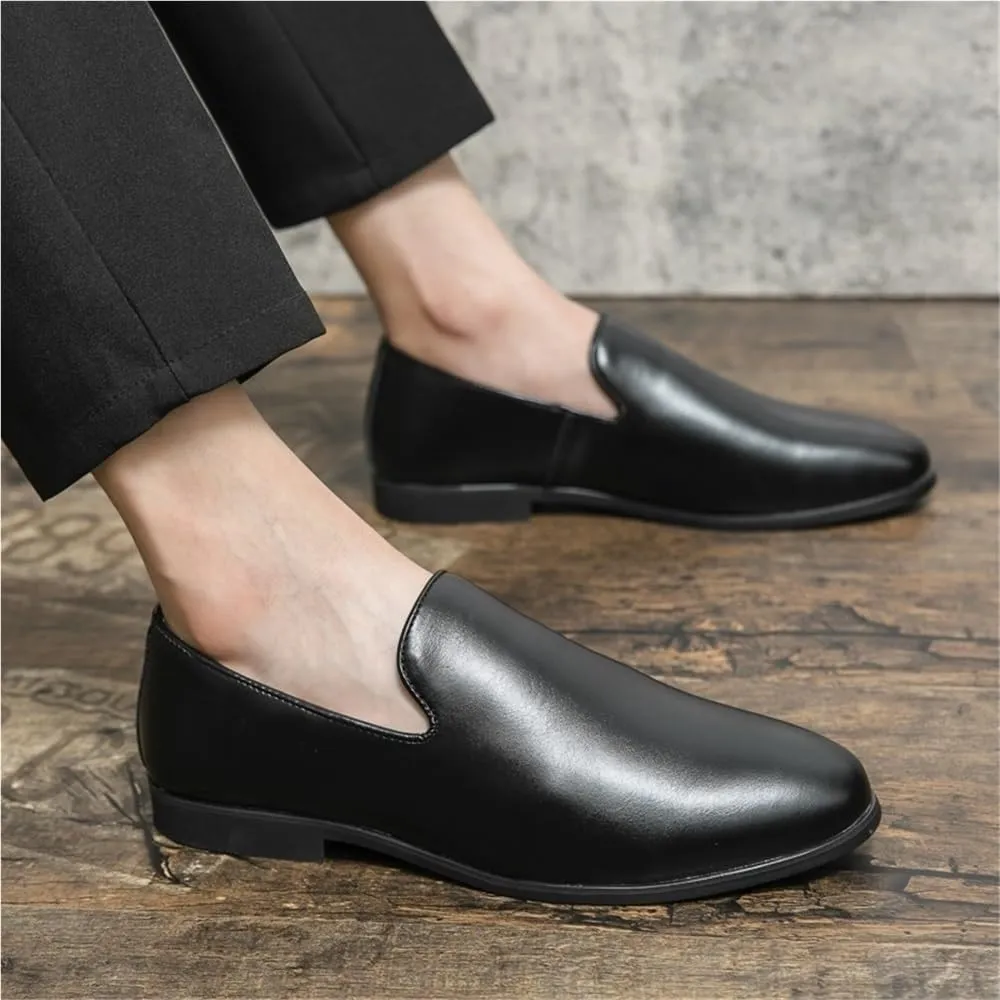 Oxford Formal Shoes for Men Slip On Pointed Burnished Toe Vegan Leather Block Heel Non Slip Low Top Working