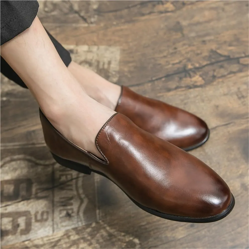 Oxford Formal Shoes for Men Slip On Pointed Burnished Toe Vegan Leather Block Heel Non Slip Low Top Working