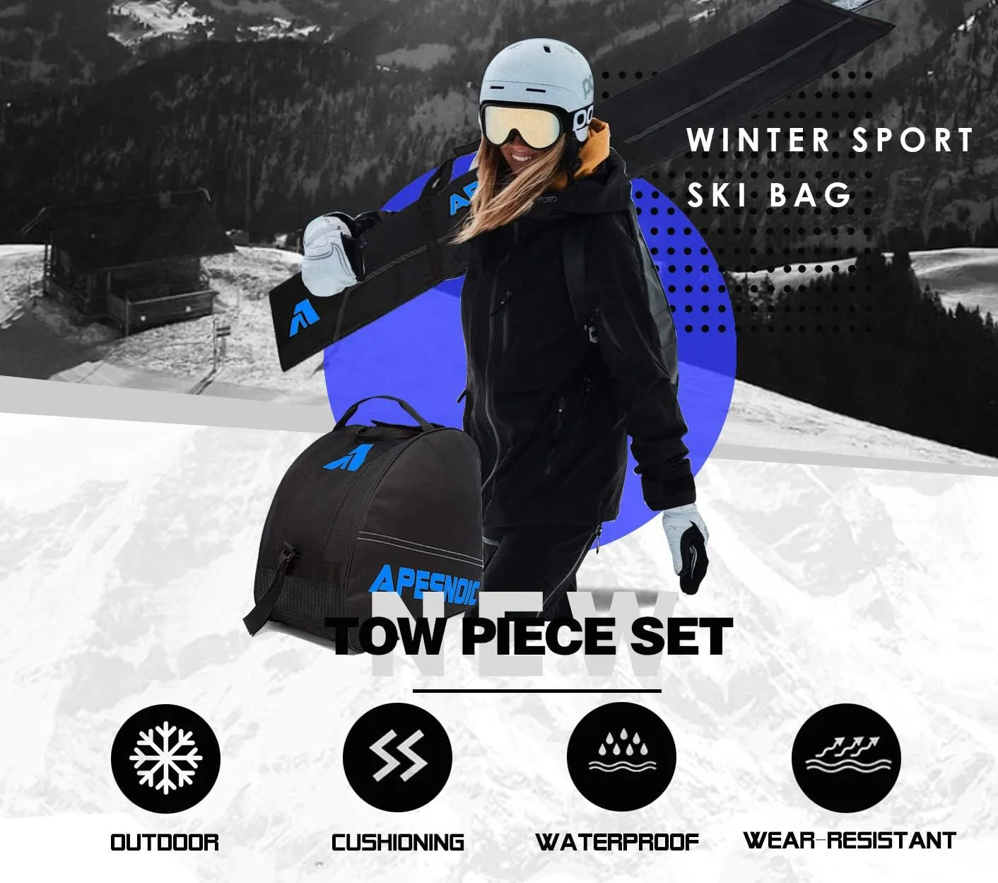 Padded Two-Piece Ski and Boot Bag Combo - Water-Resistant Travel Bag Fits Skis Up to 200 cm & Boots Size 13 With 5mm Foam Gear Bag