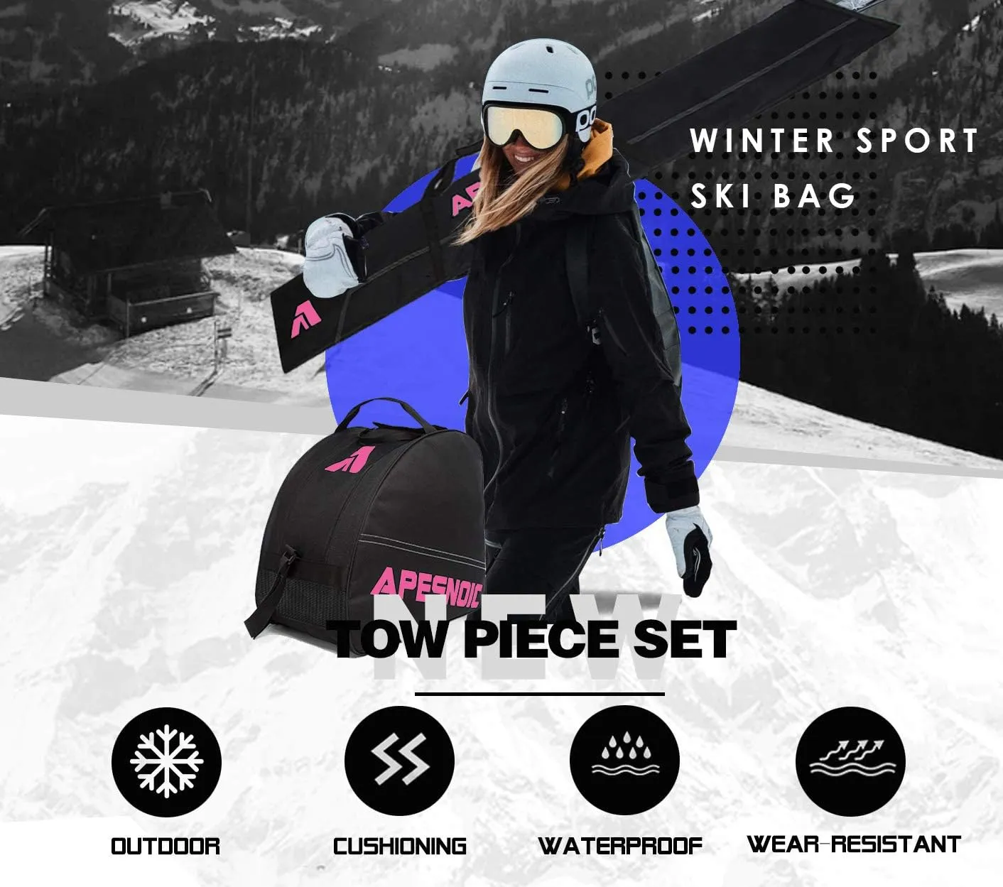Padded Two-Piece Ski and Boot Bag Combo - Water-Resistant Travel Bag Fits Skis Up to 200 cm & Boots Size 13 With 5mm Foam Gear Bag
