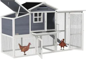 PawHut 76" Wooden Chicken Coop, Outdoor Chicken House Poultry Hen Cage with Outdoor Run, Nesting Box, Removable Tray and Lockable Doors, Gray