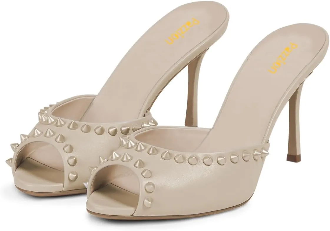 Pazzion Women Chic Studs Macaron Color Sandals High Heels Sexy Peep Toe Mules Slip On Stylish Event Club Shoes Size 4-16 US