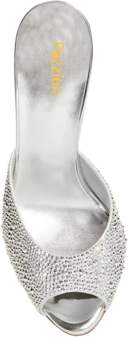 Pazzion Women Crystal Peep Toe High Heel Slides Sandals Sparkling Slip On Mules Summer Party Shoes Size 4-16 US