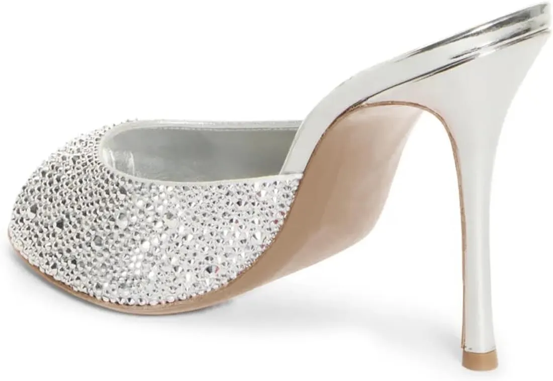 Pazzion Women Crystal Peep Toe High Heel Slides Sandals Sparkling Slip On Mules Summer Party Shoes Size 4-16 US