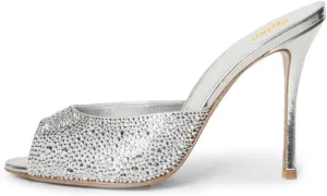 Pazzion Women Crystal Peep Toe High Heel Slides Sandals Sparkling Slip On Mules Summer Party Shoes Size 4-16 US