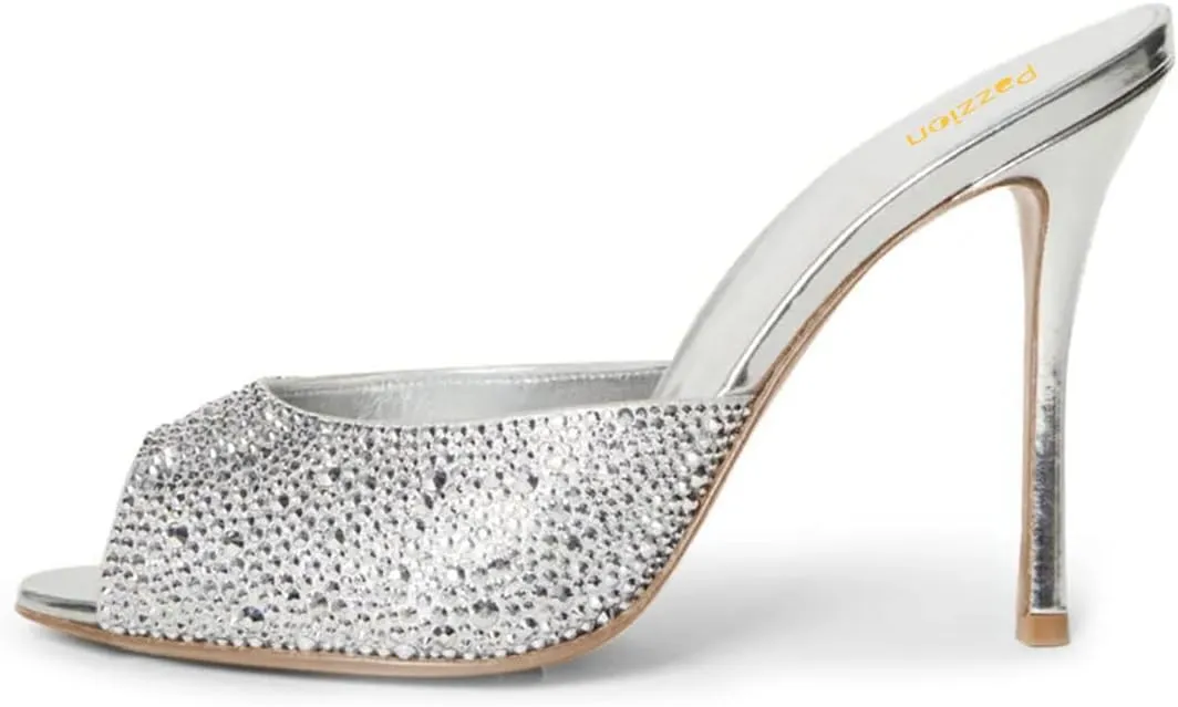 Pazzion Women Crystal Peep Toe High Heel Slides Sandals Sparkling Slip On Mules Summer Party Shoes Size 4-16 US
