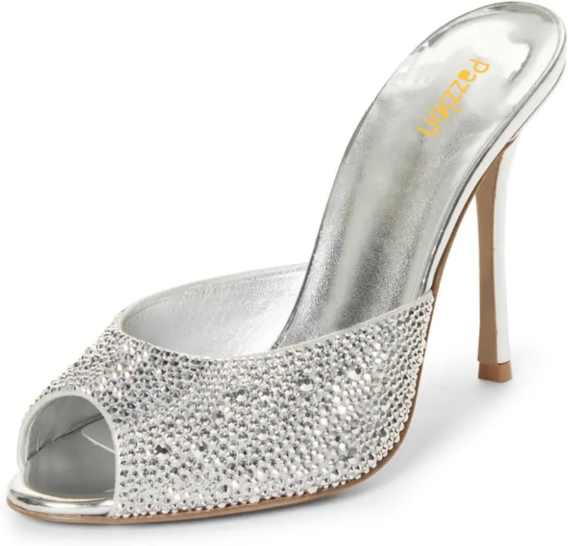 Pazzion Women Crystal Peep Toe High Heel Slides Sandals Sparkling Slip On Mules Summer Party Shoes Size 4-16 US