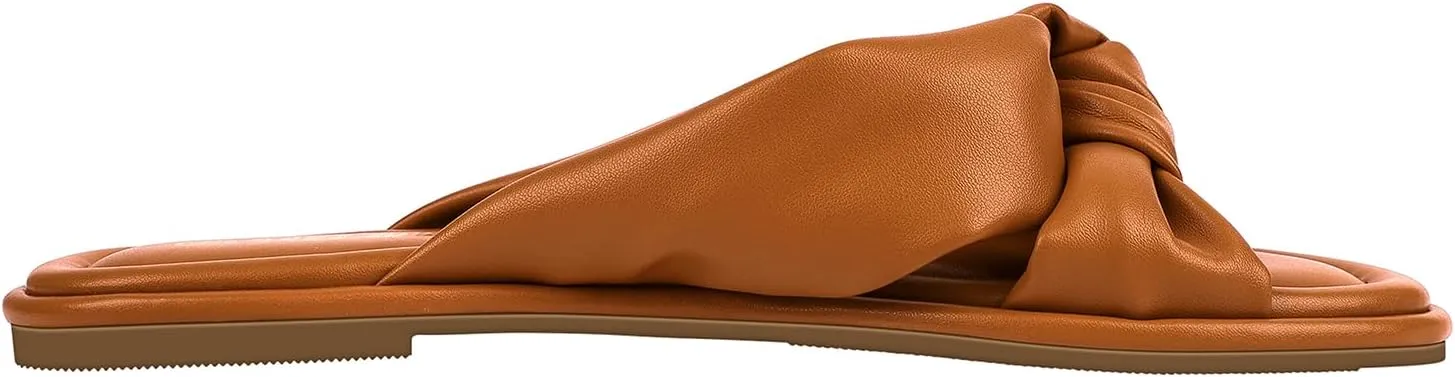 PIZZ ANNU Women's Camila Knotted Slide Sandals with Memory Foam, Comfortable Leather Slip-On Dressy Flat Sandals for Summer & Beach