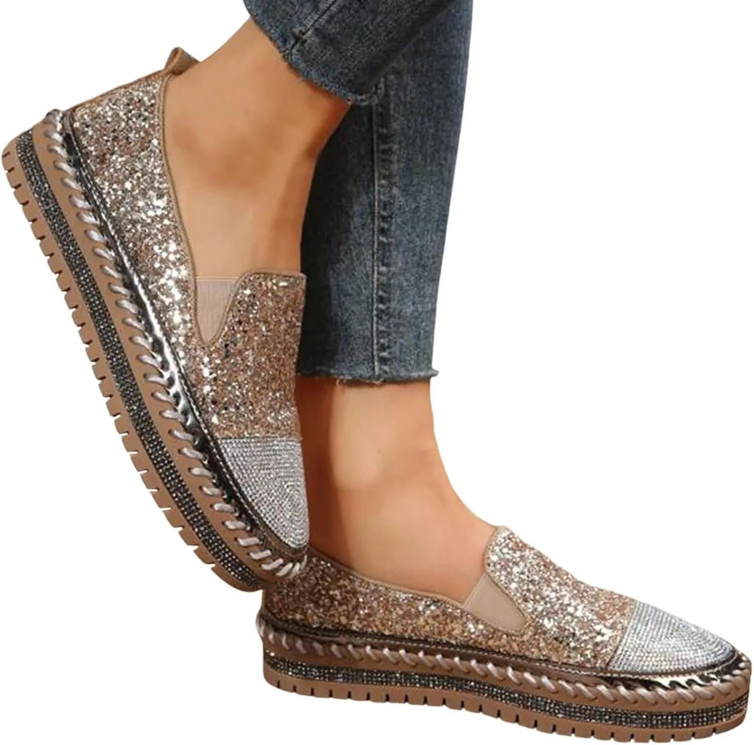 Platform Rhinestones Glitter Sneaker for Women Sparkle Slip On Comfort Sneaker Flat Loafer Casual Shoes