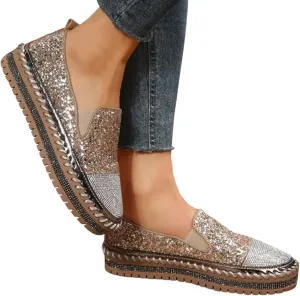 Platform Rhinestones Glitter Sneaker for Women Sparkle Slip On Comfort Sneaker Flat Loafer Casual Shoes
