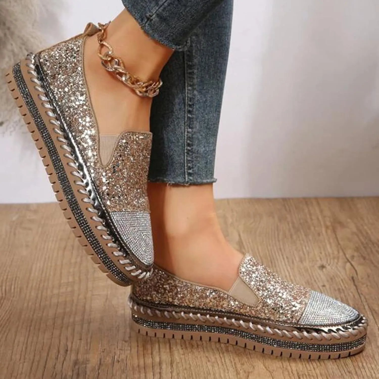 Platform Rhinestones Glitter Sneaker for Women Sparkle Slip On Comfort Sneaker Flat Loafer Casual Shoes