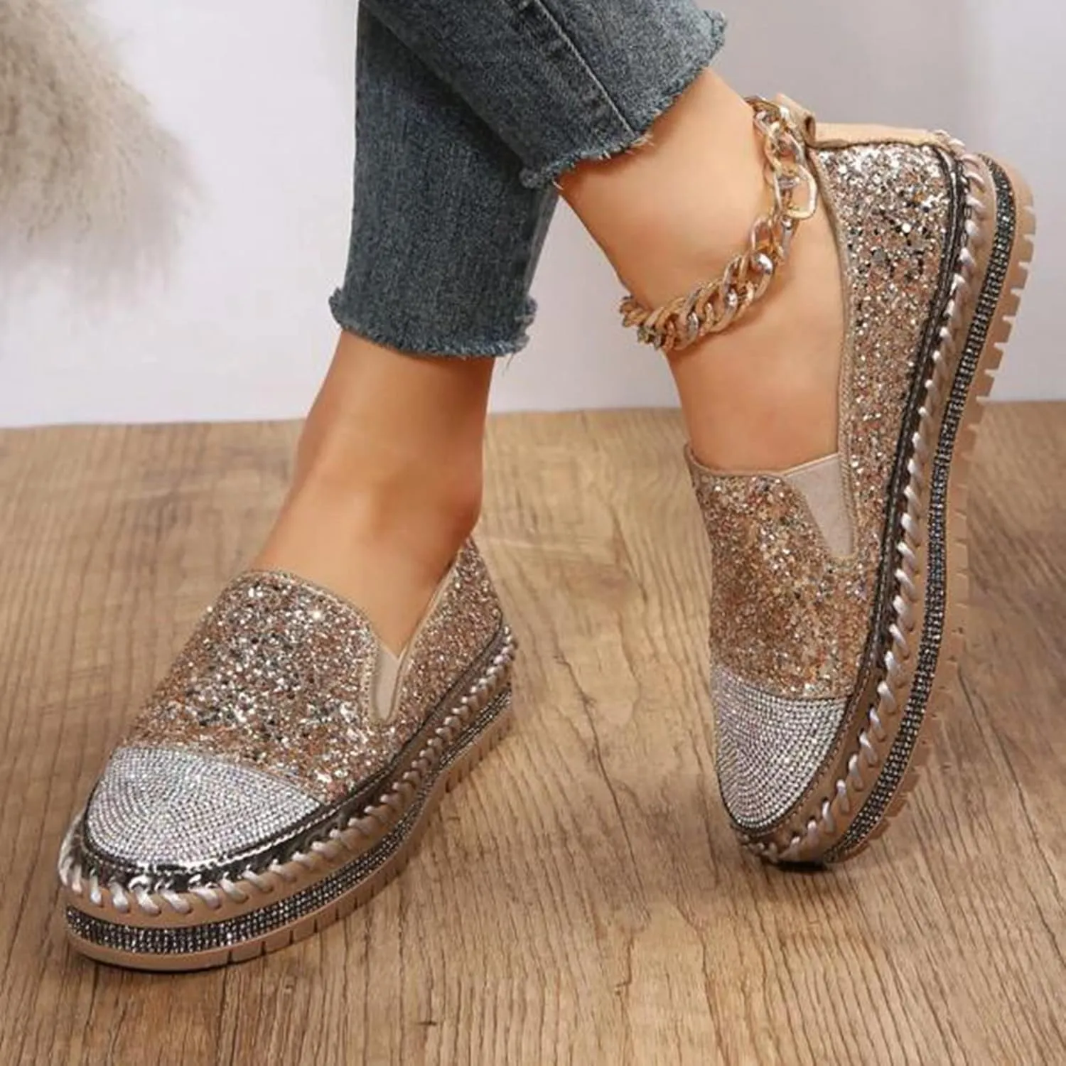 Platform Rhinestones Glitter Sneaker for Women Sparkle Slip On Comfort Sneaker Flat Loafer Casual Shoes