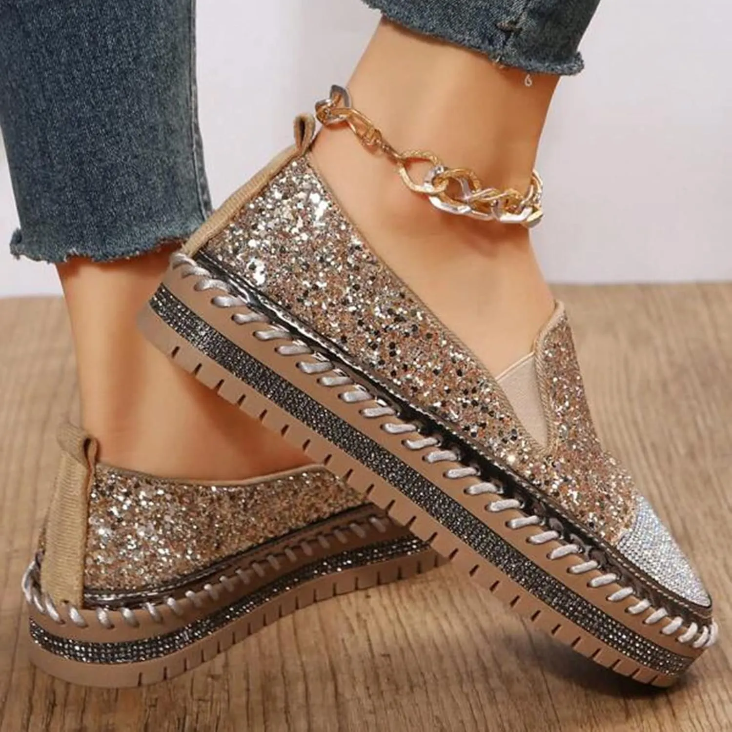 Platform Rhinestones Glitter Sneaker for Women Sparkle Slip On Comfort Sneaker Flat Loafer Casual Shoes