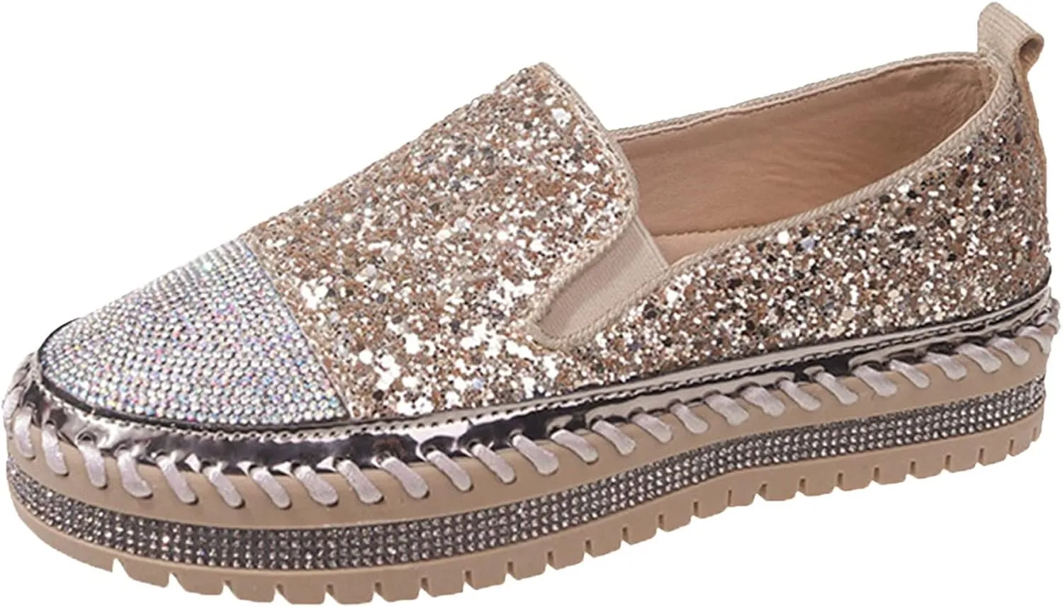 Platform Rhinestones Glitter Sneaker for Women Sparkle Slip On Comfort Sneaker Flat Loafer Casual Shoes