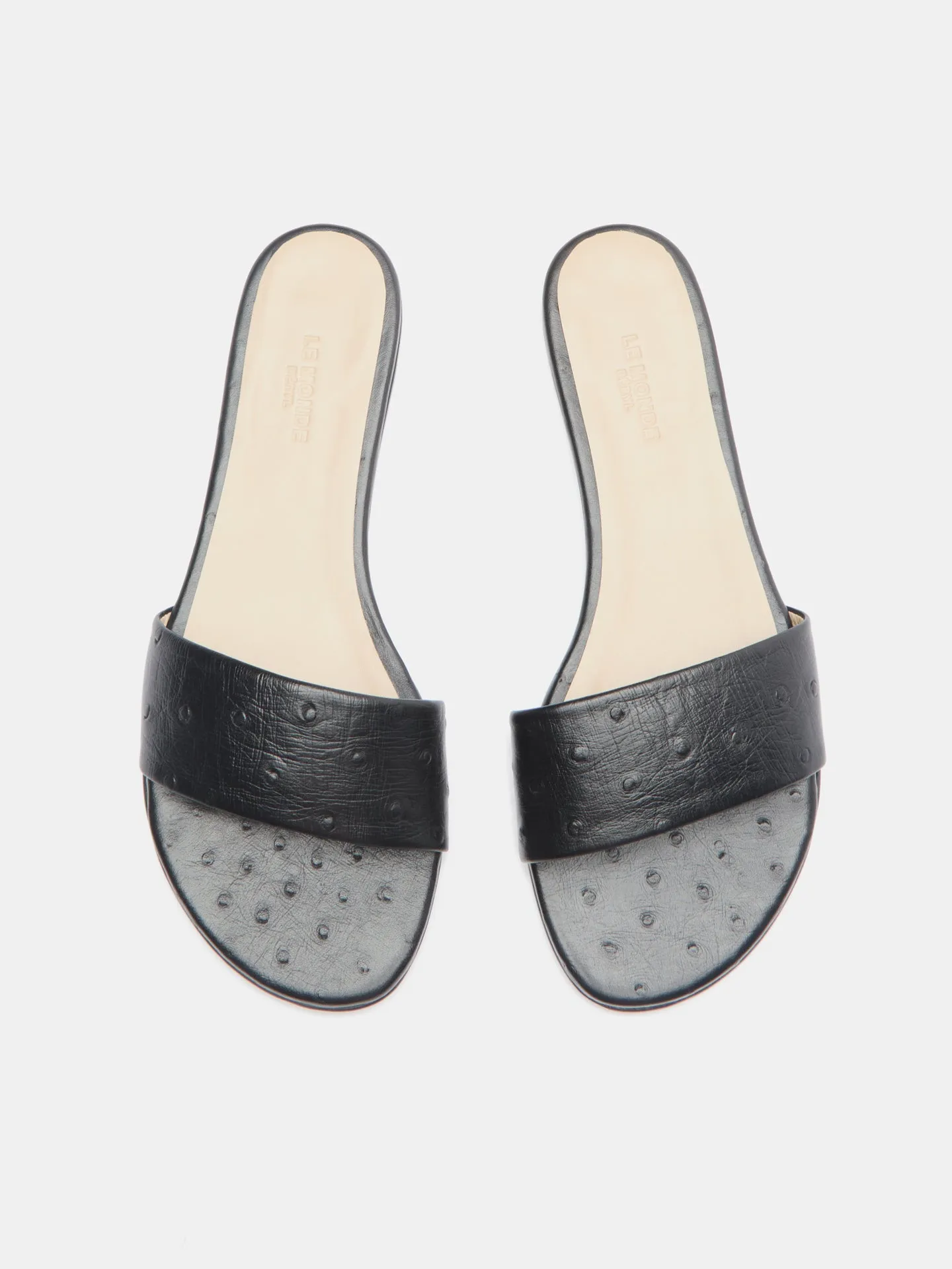 Pool Slide / Black Leather Ostrich Effect