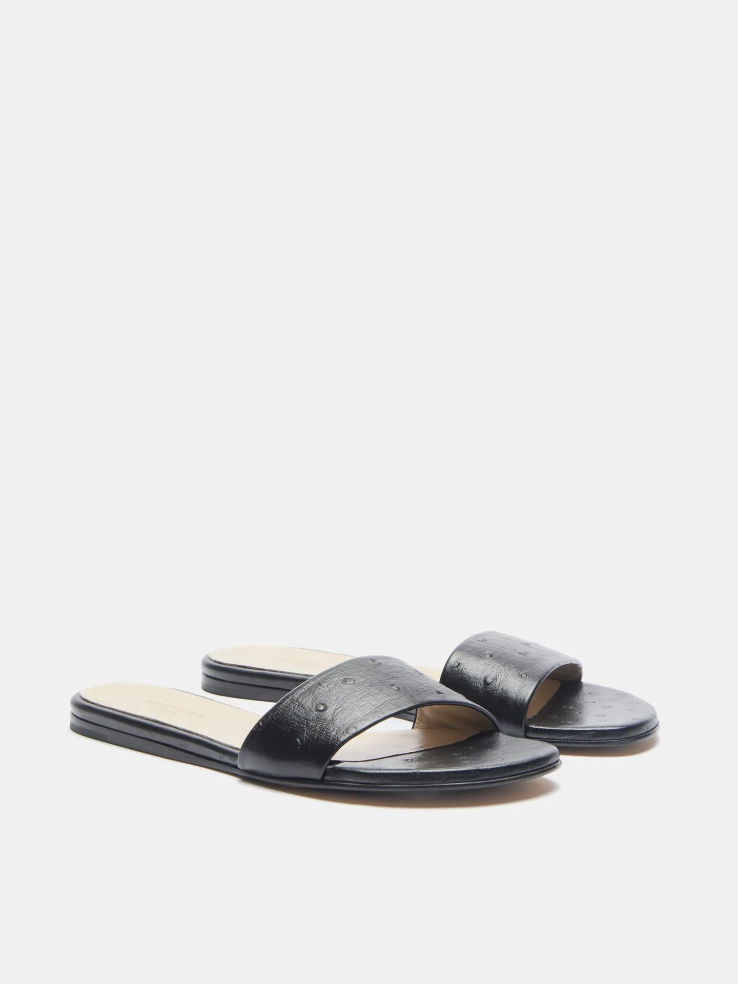 Pool Slide / Black Leather Ostrich Effect