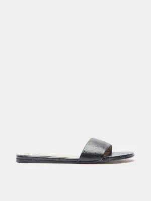 Pool Slide / Black Leather Ostrich Effect