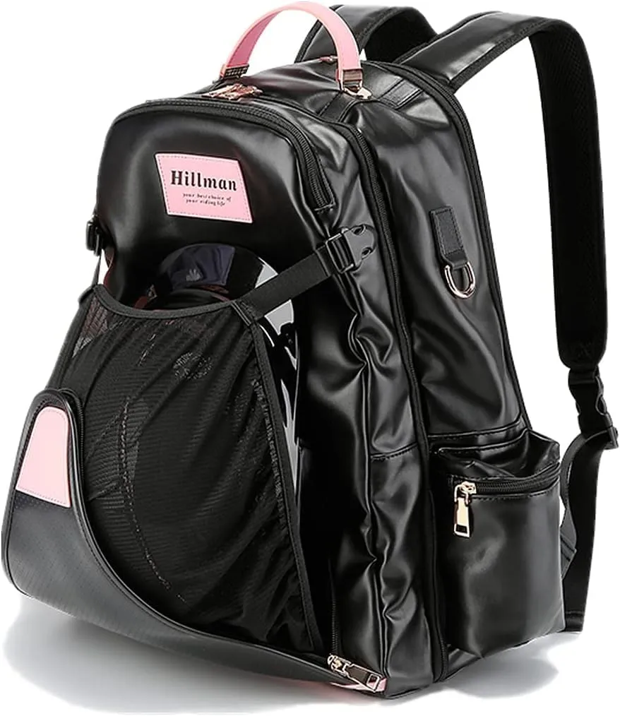 PU Leather Equestrian Backpack with Helmet Holder,Boot Bag Equestrian Horse Riding Bag,Waterproof Large Capacity Equestrian Helmet Bag (Black&Pink)
