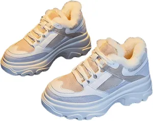 Purubylley Women's Leather Lace Up Platform Increase Height Sneakers,Fashion Comfortable Warm Fleece Lining Casual High Top Sport Cotton Shoes