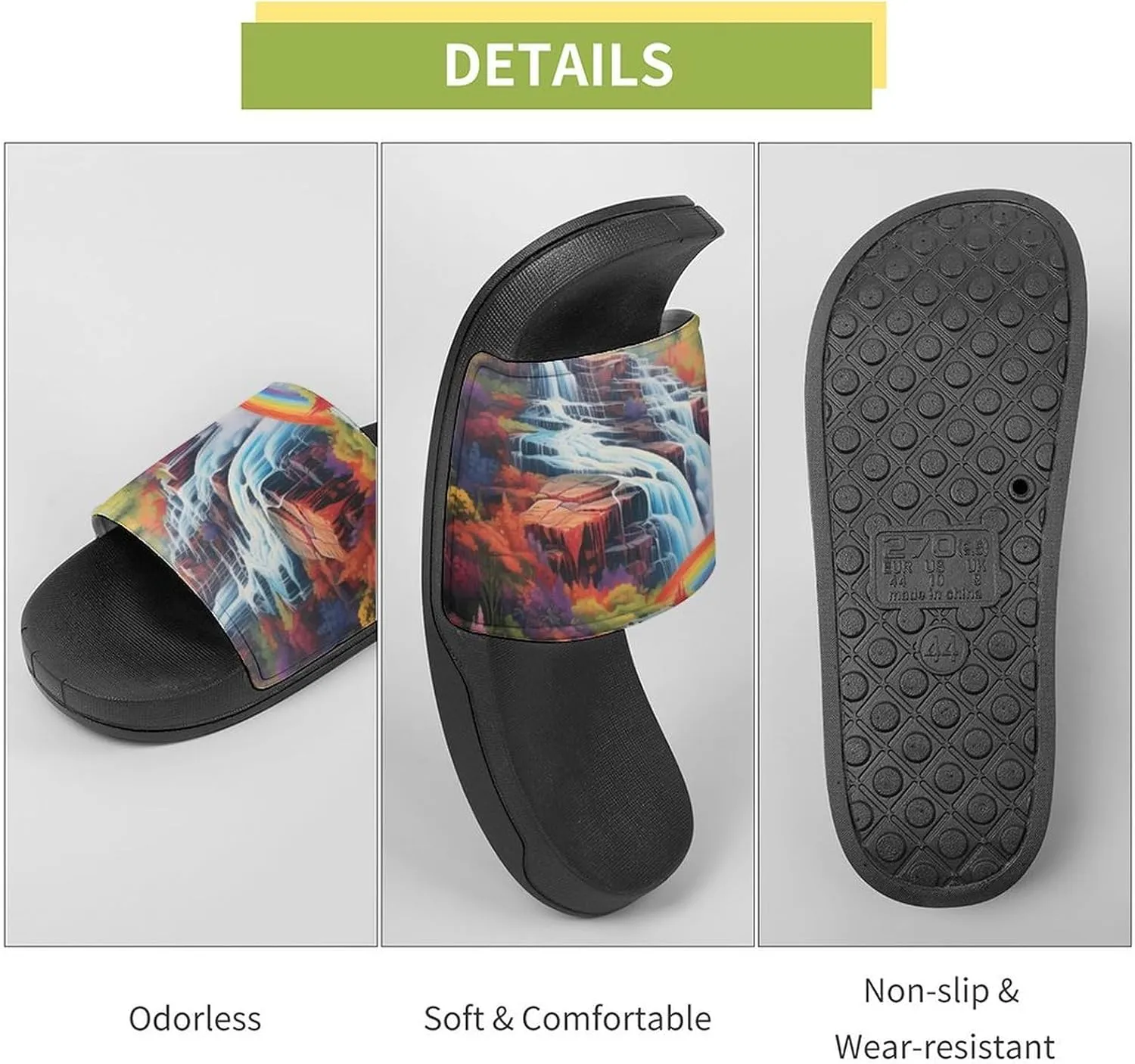 Rainbow Cascade Men's Slide Sandal Non Slip Shower Shoes Bathroom Slippers for Pool Beach