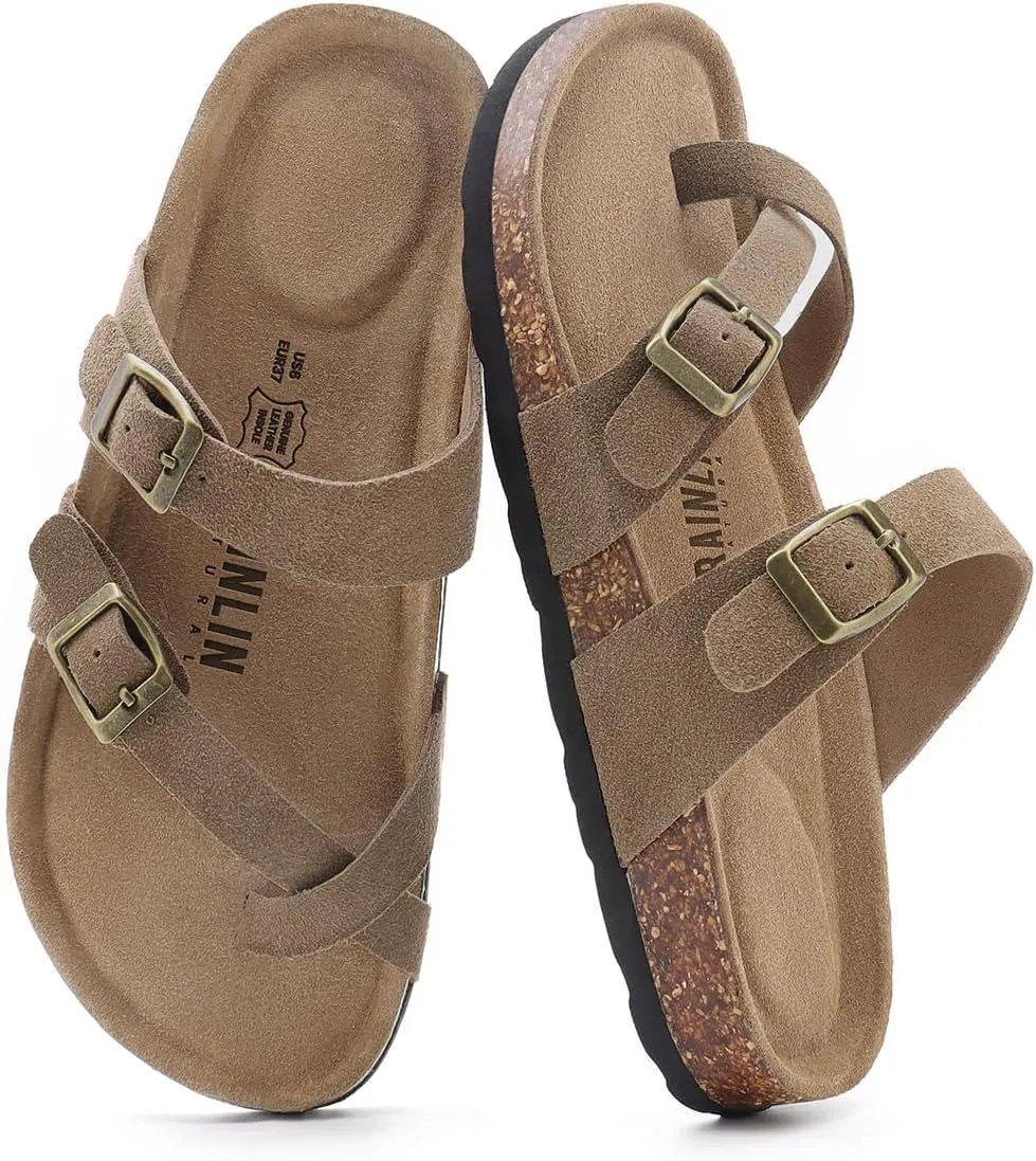 Rainlin Women's Cork Footbed Sandals Comfortable Adjustable Buckle Flat Thong Slide Sandals with Arch Support