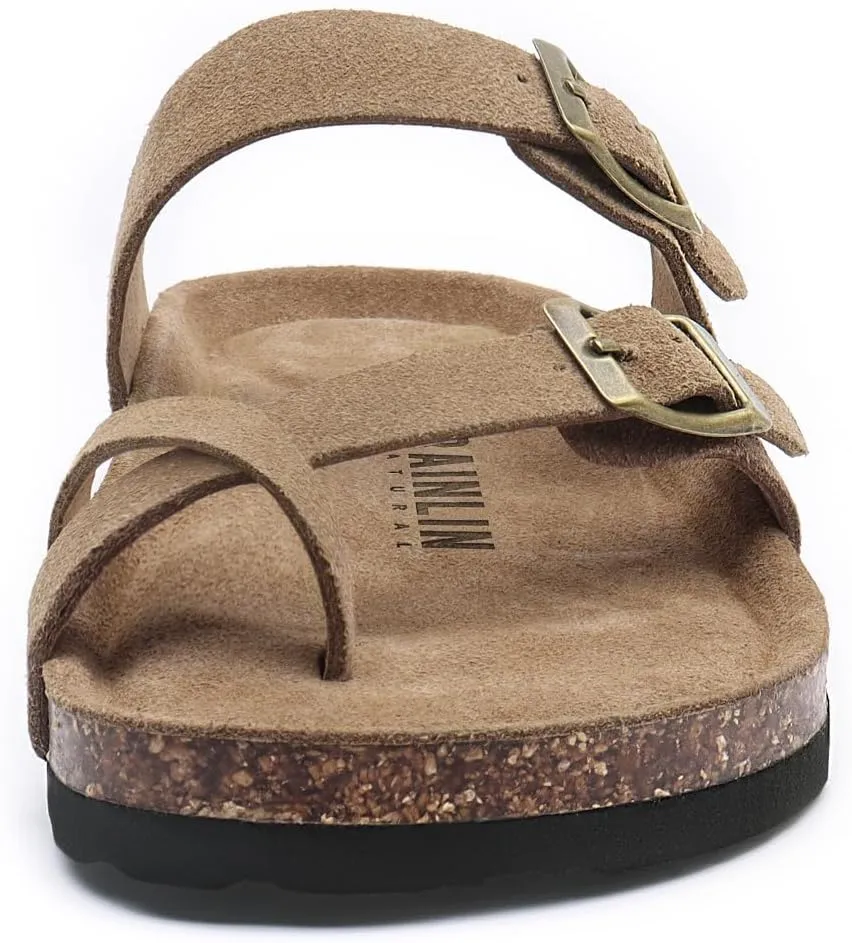 Rainlin Women's Cork Footbed Sandals Comfortable Adjustable Buckle Flat Thong Slide Sandals with Arch Support