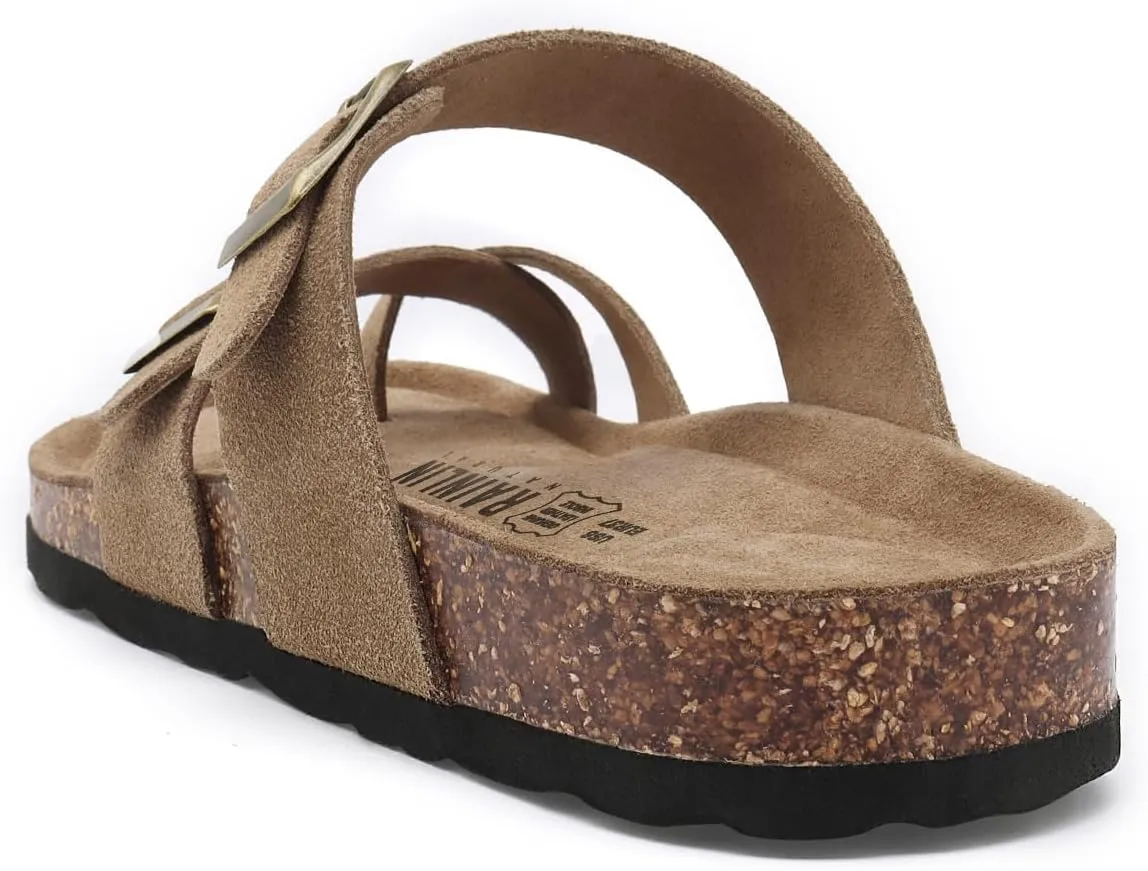 Rainlin Women's Cork Footbed Sandals Comfortable Adjustable Buckle Flat Thong Slide Sandals with Arch Support