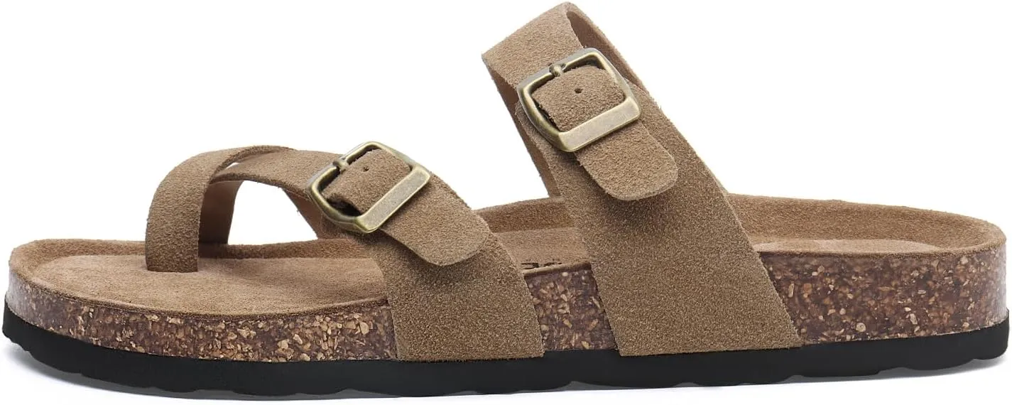 Rainlin Women's Cork Footbed Sandals Comfortable Adjustable Buckle Flat Thong Slide Sandals with Arch Support