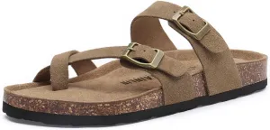 Rainlin Women's Cork Footbed Sandals Comfortable Adjustable Buckle Flat Thong Slide Sandals with Arch Support