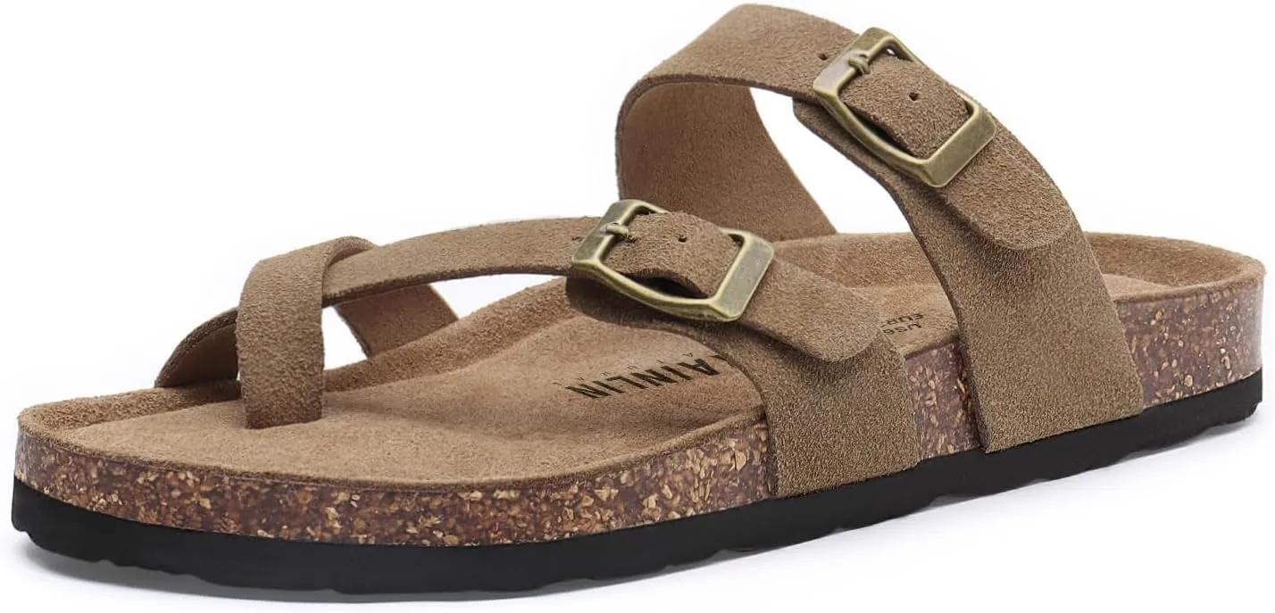 Rainlin Women's Cork Footbed Sandals Comfortable Adjustable Buckle Flat Thong Slide Sandals with Arch Support