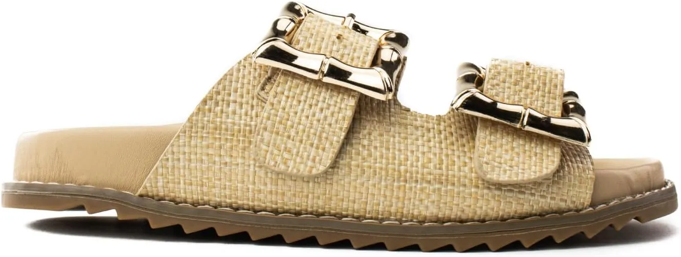 RF ROOM OF FASHION Women's Double Band with Adjustable Square Buckle Footbed Slide Sandals
