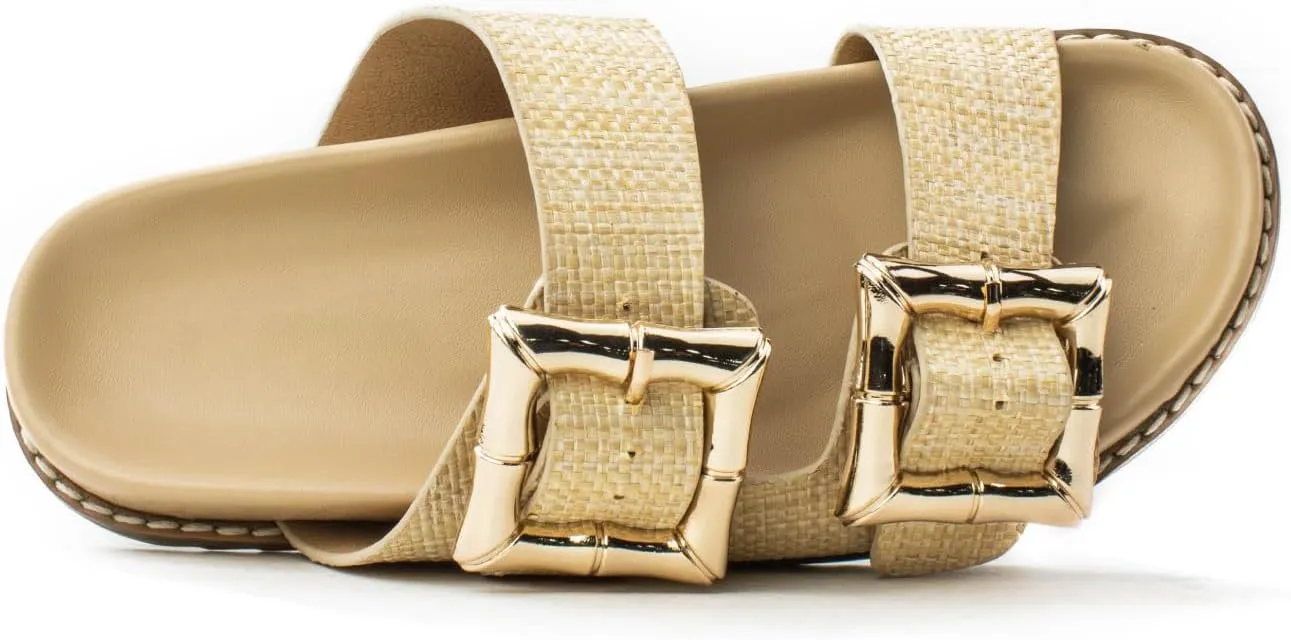 RF ROOM OF FASHION Women's Double Band with Adjustable Square Buckle Footbed Slide Sandals