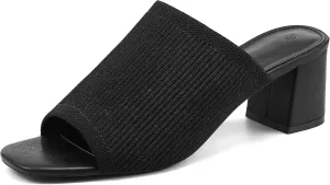 Rilista Womens Open Toe Heeled Mules Block Heels Sandals Knit Chunky Heels Slip On Breathable Slides Sandal Black