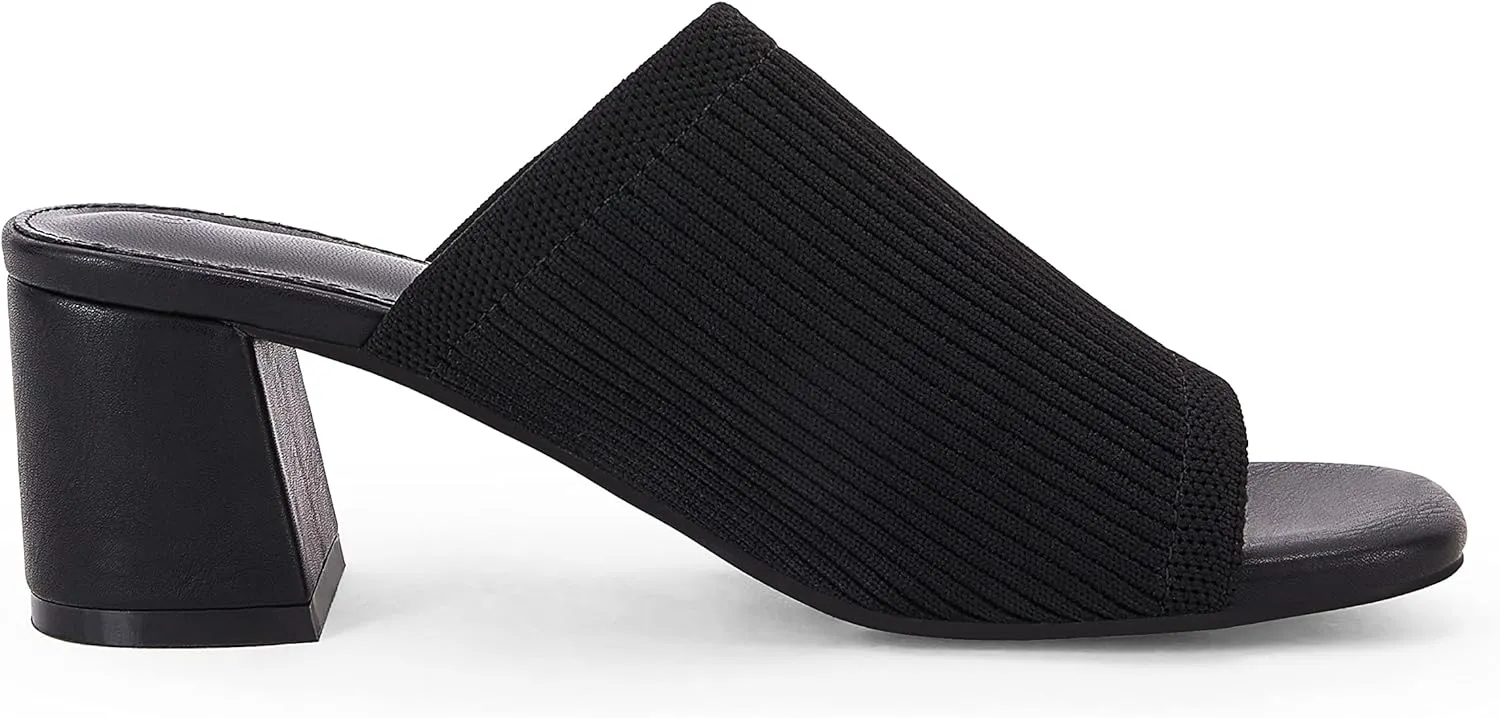 Rilista Women's Open Toe Heeled Mules Block Heels Sandals Knit Chunky Square Heels Slip On Breathable Slides Sandal