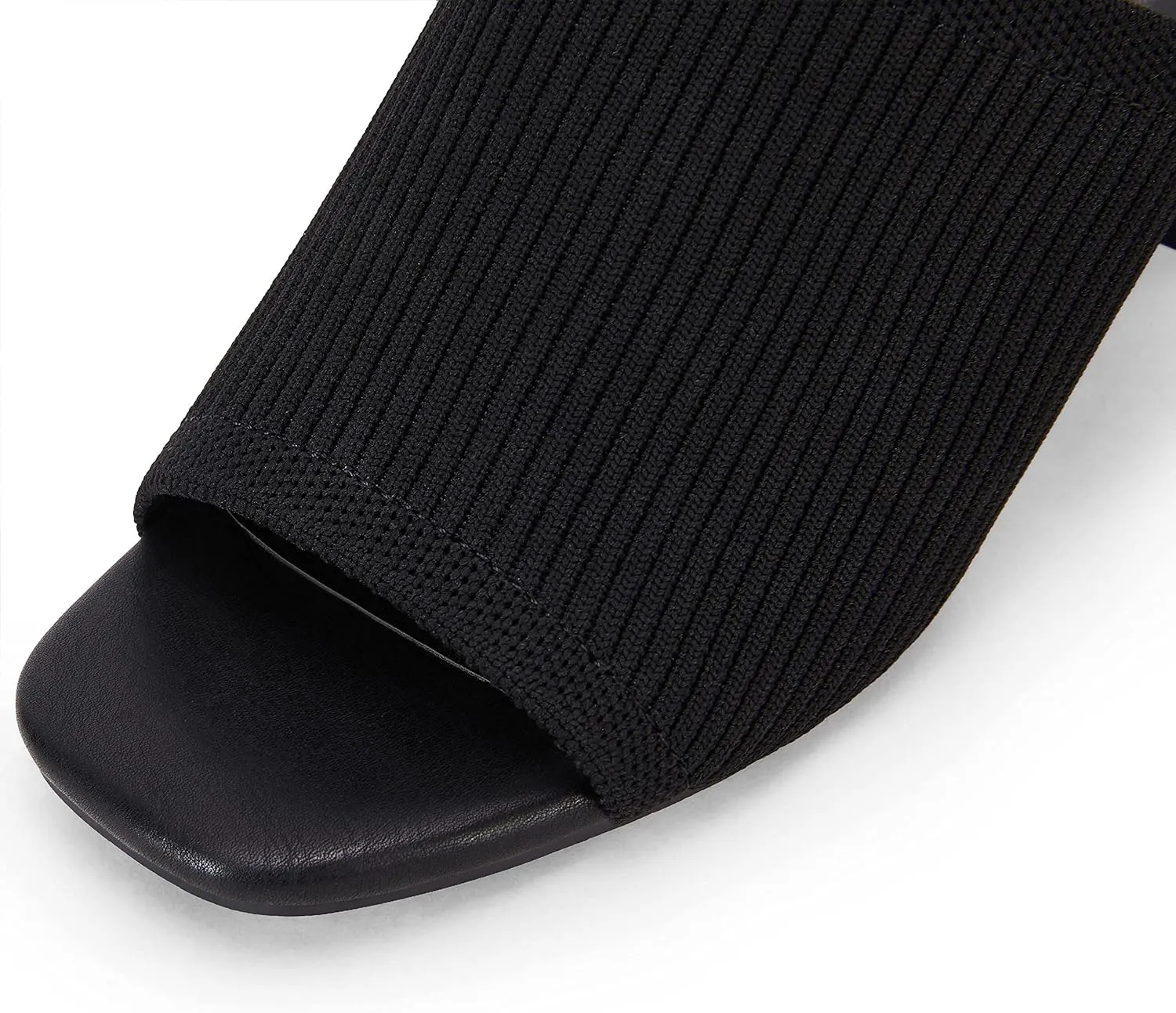 Rilista Women's Open Toe Heeled Mules Block Heels Sandals Knit Chunky Square Heels Slip On Breathable Slides Sandal