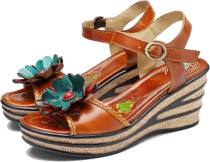 Riutiru Women's Handmade Lambskin Retro Casual Sandals for Spring and Summer, Contrast 3D Color-blocking Flower Comfortable High-heeled Sandals for Women